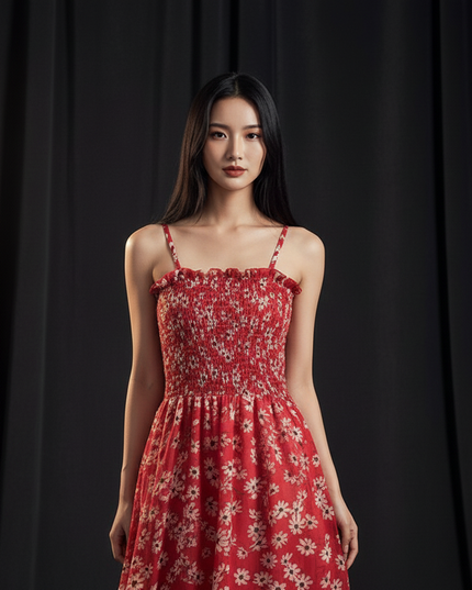 Rotes bodenlanges Kleid mit Blumenprint - Ansicht 4