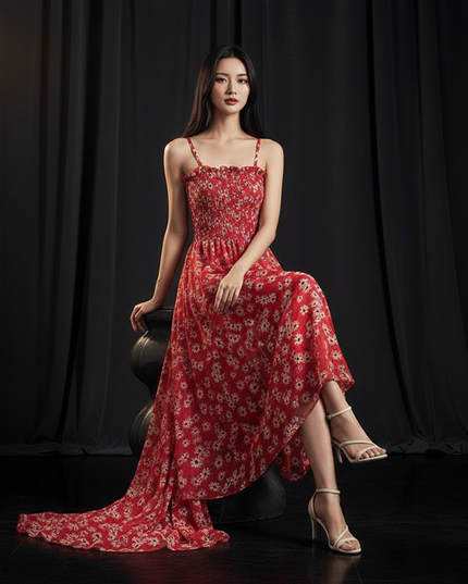 Rotes bodenlanges Kleid mit Blumenprint - Ansicht 5