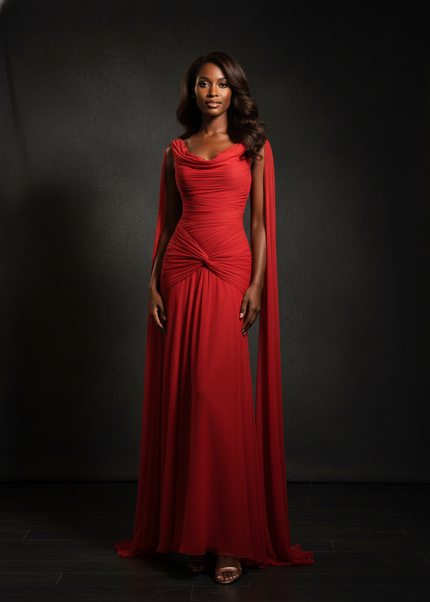 Rotes Chiffonkleid mit elegantem Cape - Ansicht 1
