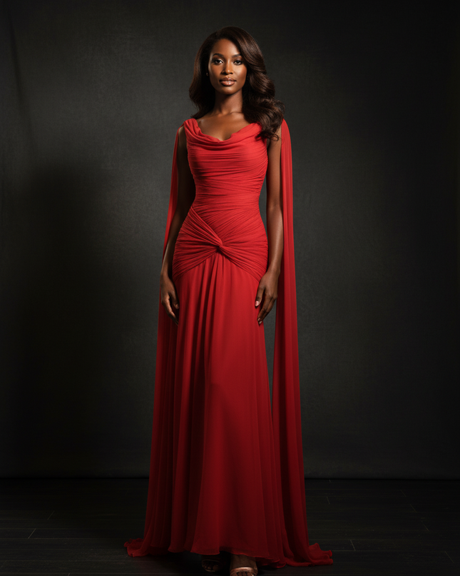 Rotes Chiffonkleid mit elegantem Cape - Ansicht 1