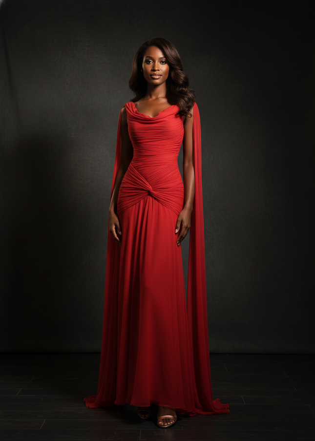 Rotes Chiffonkleid mit elegantem Cape - Ansicht 1
