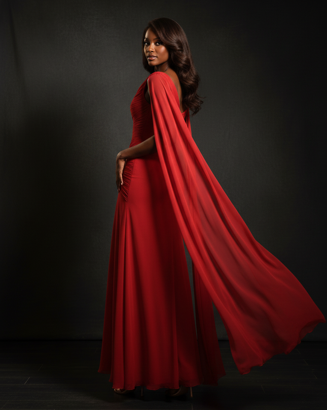 Rotes Chiffonkleid mit elegantem Cape - Ansicht 2