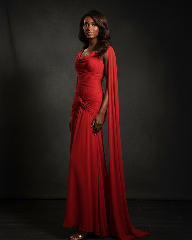 Rotes Chiffonkleid mit elegantem Cape - Ansicht 3