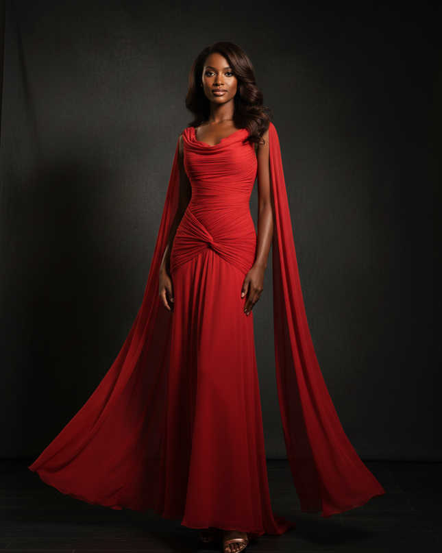 Rotes Chiffonkleid mit elegantem Cape - Ansicht 4