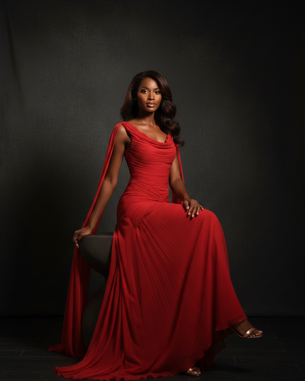 Rotes Chiffonkleid mit elegantem Cape - Ansicht 5