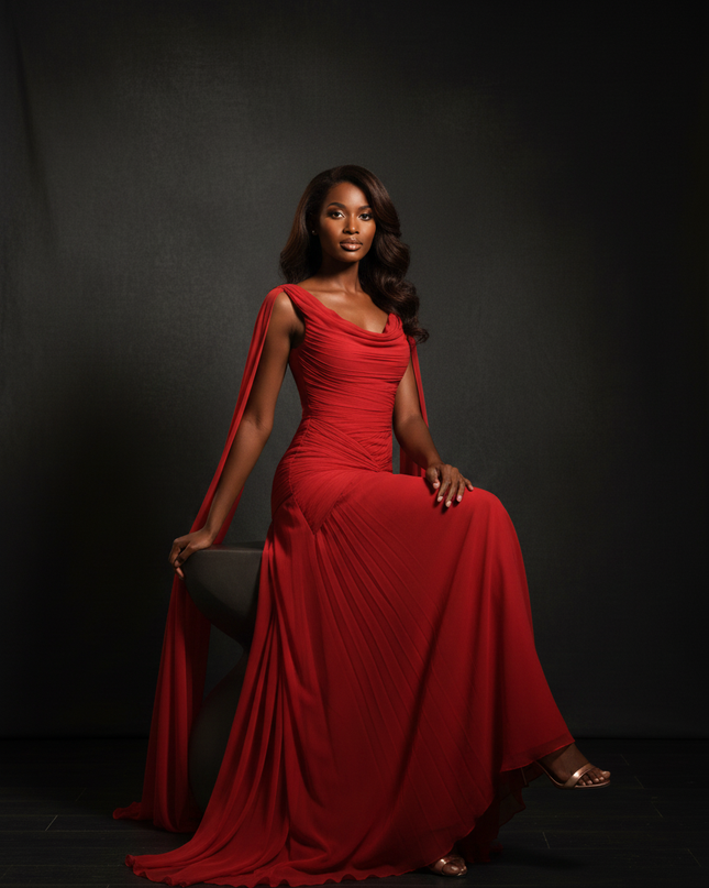 Rotes Chiffonkleid mit elegantem Cape - Ansicht 5