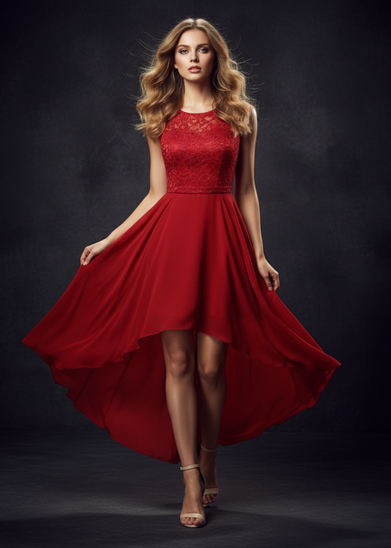 Rotes Chiffonkleid im Vokuhila-Stil - Ansicht 1