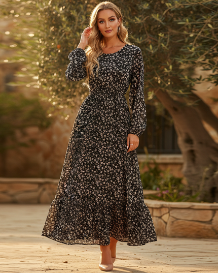 Schwarzes langes Chiffonkleid - Ansicht 1