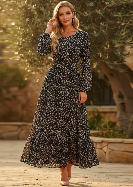 Schwarzes langes Chiffonkleid - Ansicht 1