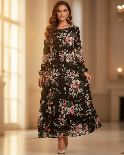 Schwarzes Chiffonkleid mit Blumenmuster - Ansicht 1