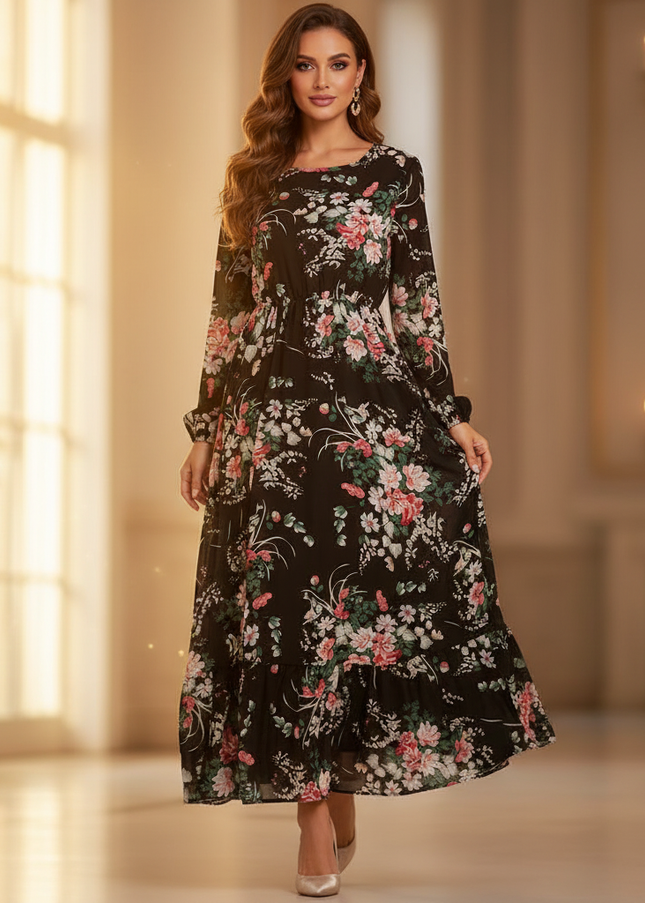 Schwarzes Chiffonkleid mit Blumenmuster - Ansicht 1