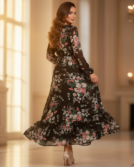 Schwarzes Chiffonkleid mit Blumenmuster - Ansicht 2