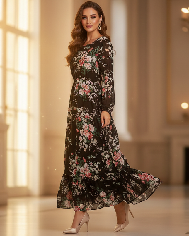 Schwarzes Chiffonkleid mit Blumenmuster - Ansicht 3