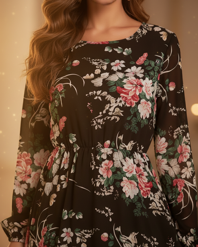 Schwarzes Chiffonkleid mit Blumenmuster - Ansicht 4