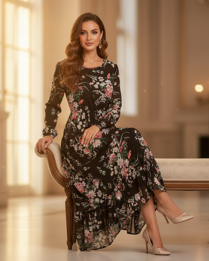 Schwarzes Chiffonkleid mit Blumenmuster - Ansicht 5