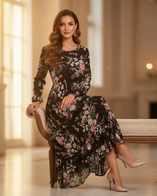 Schwarzes Chiffonkleid mit Blumenmuster - Ansicht 5