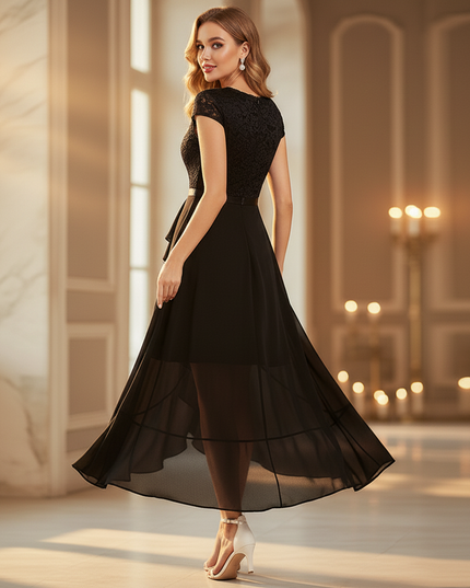 Schwarzes Chiffonkleid knielang - Ansicht 2