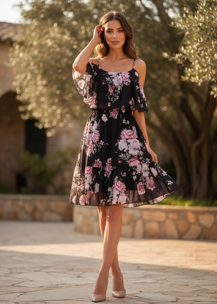 Leichtes kurzes Chiffonkleid in Schwarz - Ansicht 1