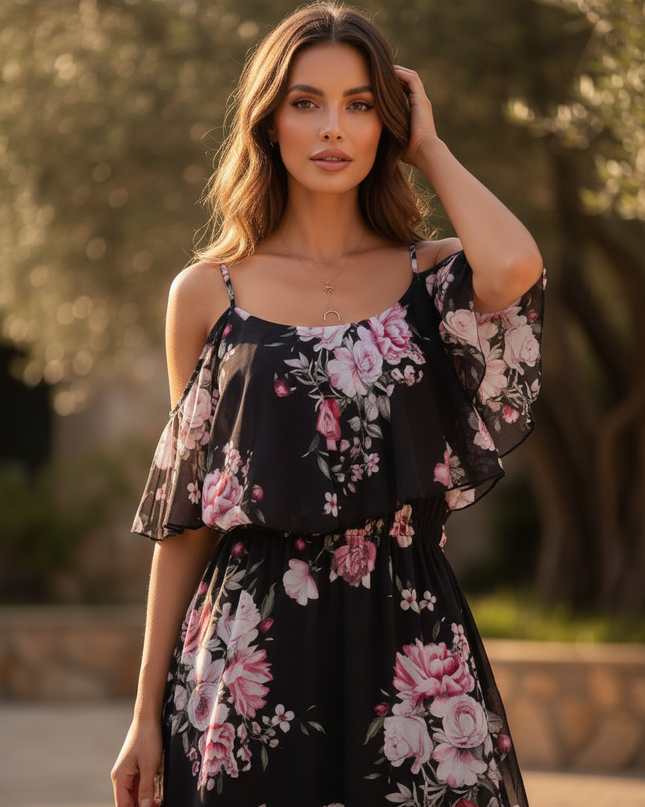 Leichtes kurzes Chiffonkleid in Schwarz - Ansicht 4