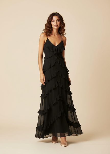 Langes elegantes schwarzes Chiffonkleid - Ansicht 1
