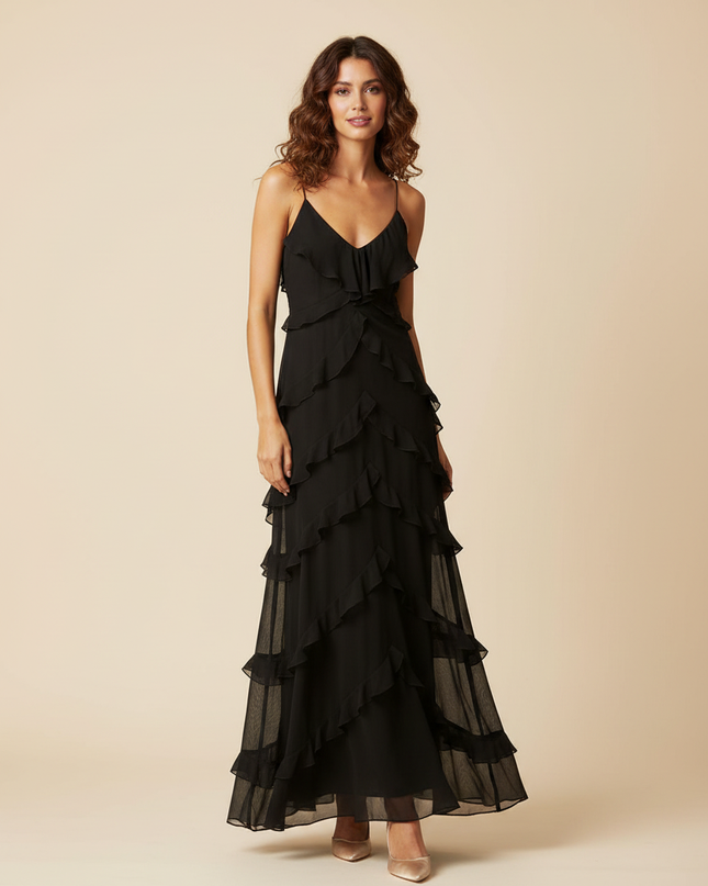 Langes elegantes schwarzes Chiffonkleid - Ansicht 1