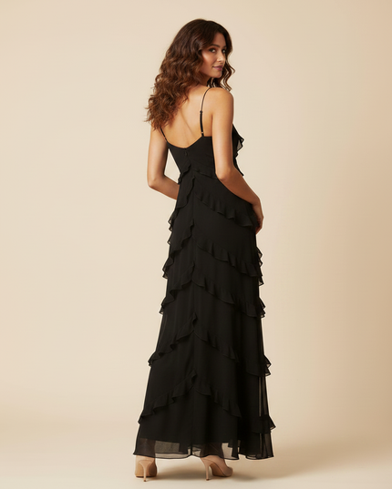 Langes elegantes schwarzes Chiffonkleid - Ansicht 2