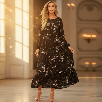 Schwarzes Chiffonkleid Lang mit Langarm - Ansicht 1