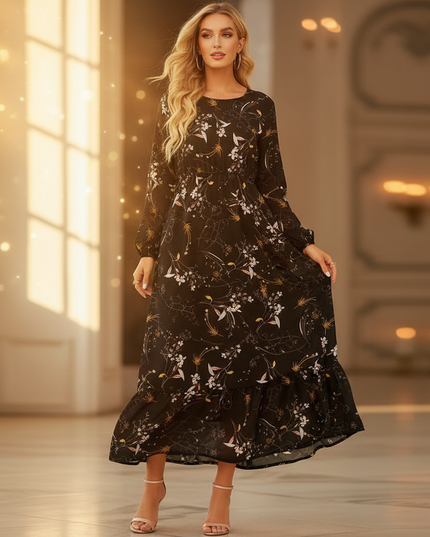 Schwarzes Chiffonkleid Lang mit Langarm - Ansicht 1