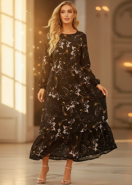 Schwarzes Chiffonkleid Lang mit Langarm - Ansicht 1