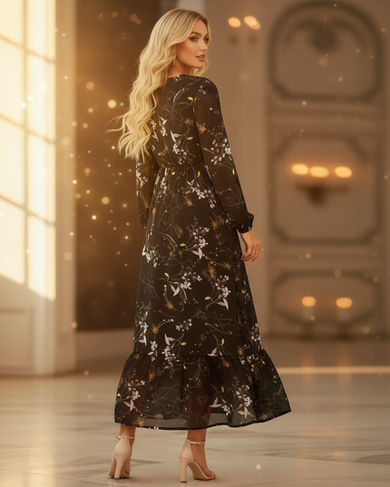 Schwarzes Chiffonkleid Lang mit Langarm - Ansicht 2