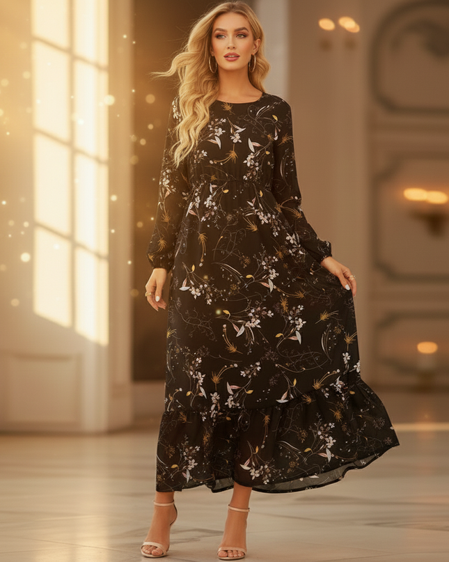 Schwarzes Chiffonkleid Lang mit Langarm - Ansicht 3