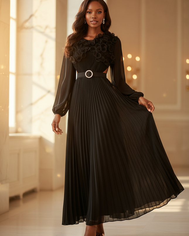 Schwarzes Chiffonkleid mit Langarm - Ansicht 1