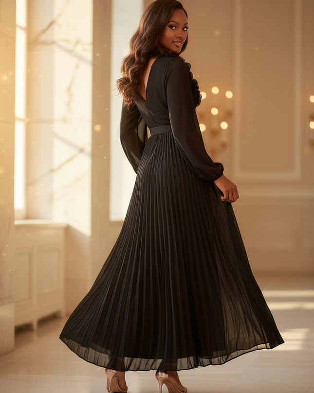 Schwarzes Chiffonkleid mit Langarm - Ansicht 2