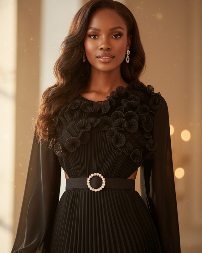 Schwarzes Chiffonkleid mit Langarm - Ansicht 4