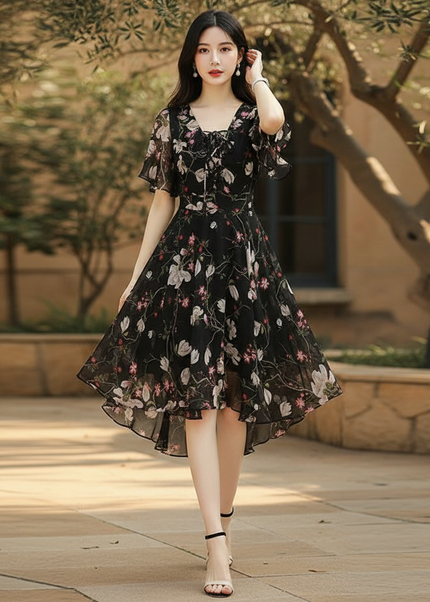Schwarzes Chiffon-Midikleid - Ansicht 1