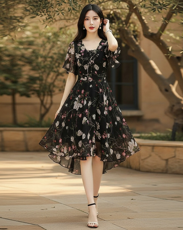 Schwarzes Chiffon-Midikleid - Ansicht 1