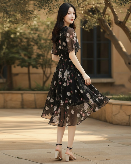 Schwarzes Chiffon-Midikleid - Ansicht 2