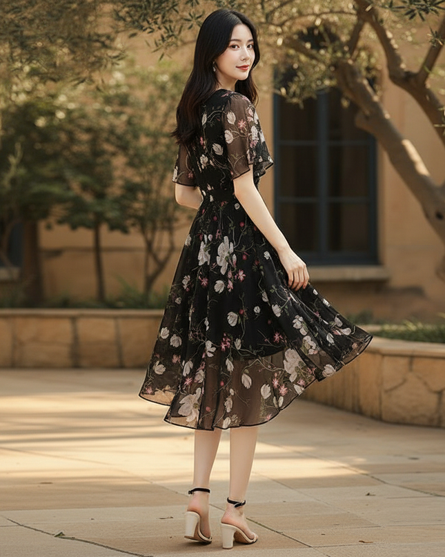 Schwarzes Chiffon-Midikleid - Ansicht 2