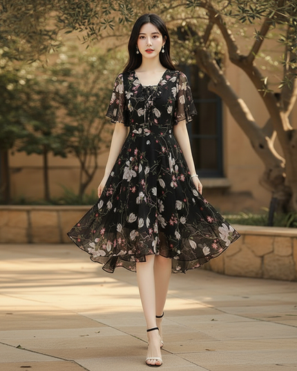 Schwarzes Chiffon-Midikleid - Ansicht 3