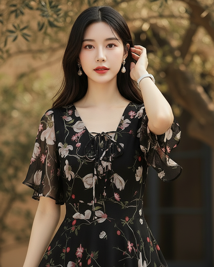 Schwarzes Chiffon-Midikleid - Ansicht 4