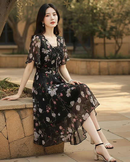Schwarzes Chiffon-Midikleid - Ansicht 5