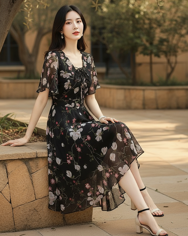 Schwarzes Chiffon-Midikleid - Ansicht 5