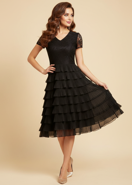 Schwarzes Midi-Chiffonkleid Stufenrock - Ansicht 1