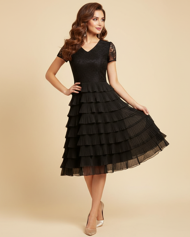 Schwarzes Midi-Chiffonkleid Stufenrock - Ansicht 1