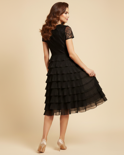 Schwarzes Midi-Chiffonkleid Stufenrock - Ansicht 2
