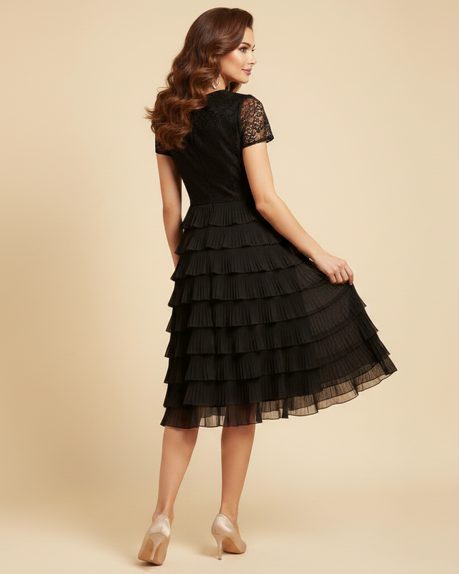 Schwarzes Midi-Chiffonkleid Stufenrock - Ansicht 2