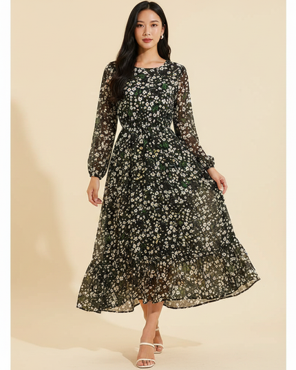 Florales Chiffonkleid in Schwarz - Ansicht 1