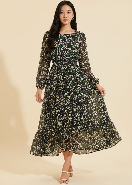 Florales Chiffonkleid in Schwarz - Ansicht 1