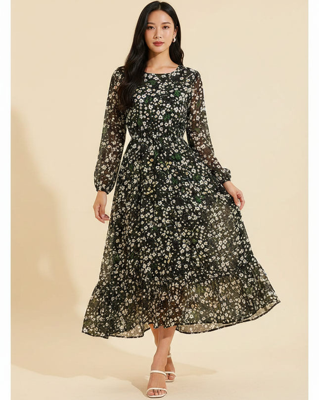 Florales Chiffonkleid in Schwarz - Ansicht 1