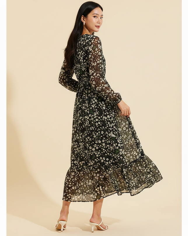 Florales Chiffonkleid in Schwarz - Ansicht 2